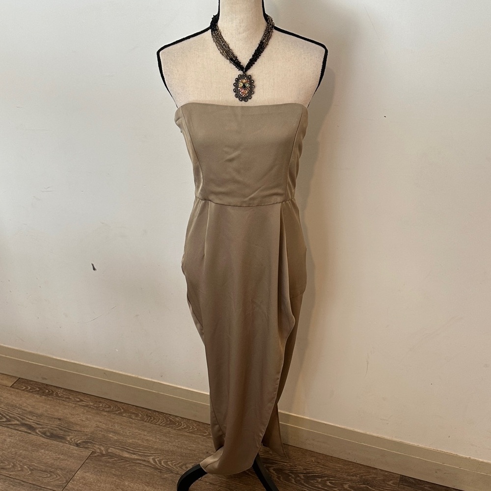By Johnny Strapless Draped Tan Evening Dress Side Slit Zip Elegant Old Money